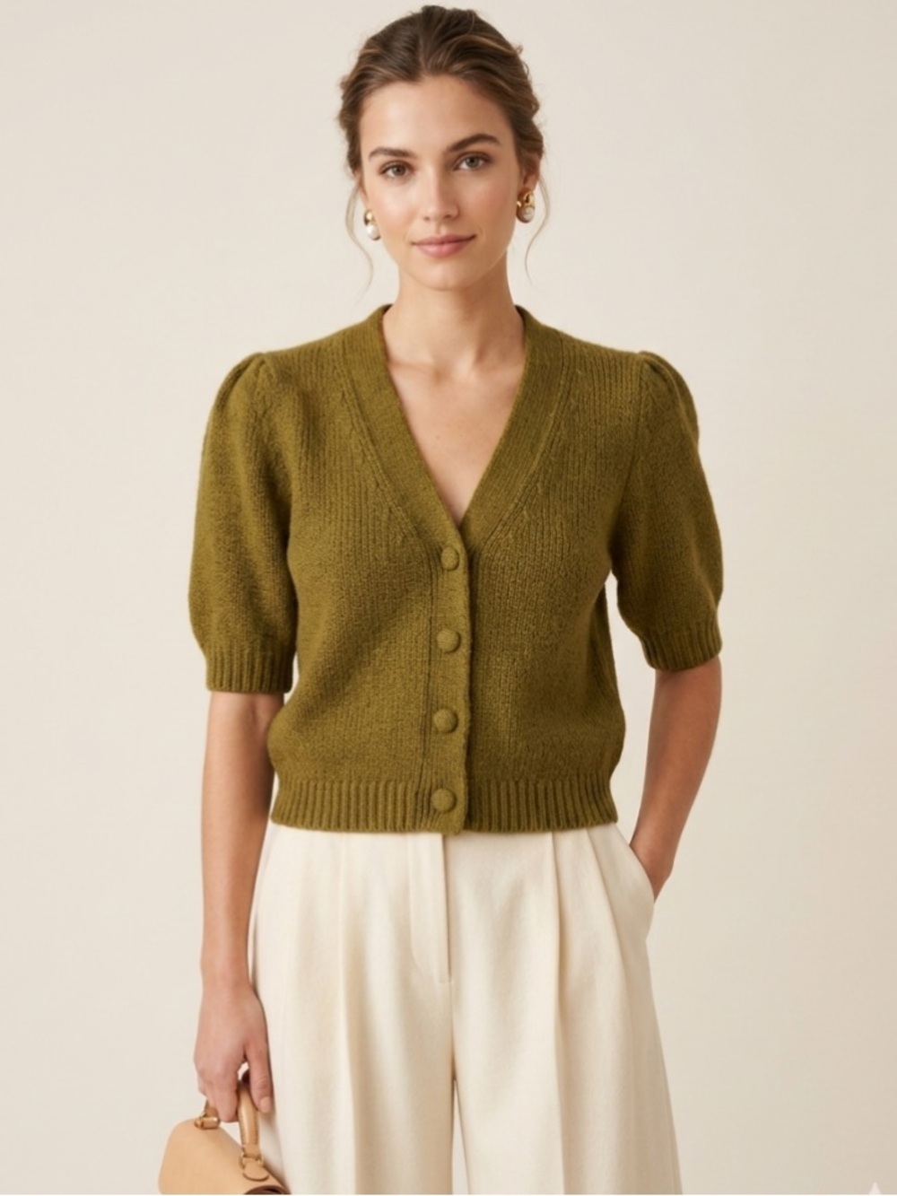 Kourt Mohair Puff Sleeve Cropped Cardigan Olive Green Size Medium Soft Girl